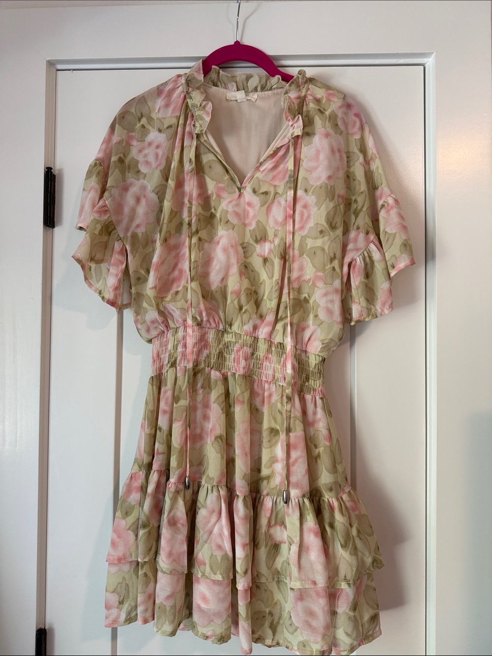 entro Pink Floral Ruffle Mini Dress on Olive Base